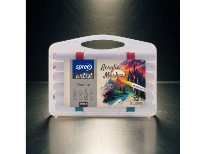 Spree Twin Tip Acrylic Markers sada 12 akrylových fixů v plastovém kufříku, soft brush a fine tip